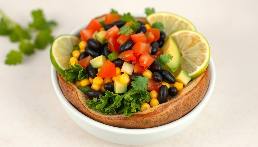 Loaded baked potato bowl with salsa, black beans, and avocado.