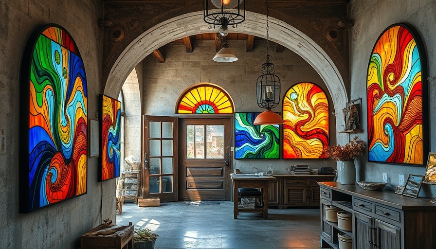 Vibrant stained glass displayed at North County San Diego art exhibit, rustic studio.