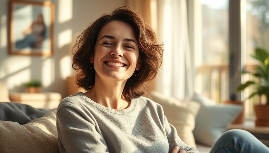 Smiling woman enjoying serene indoor moment for peaceful productivity