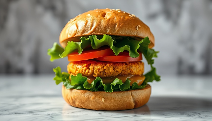 Curried sweet potato burger with greens and tomato on wooden surface.
