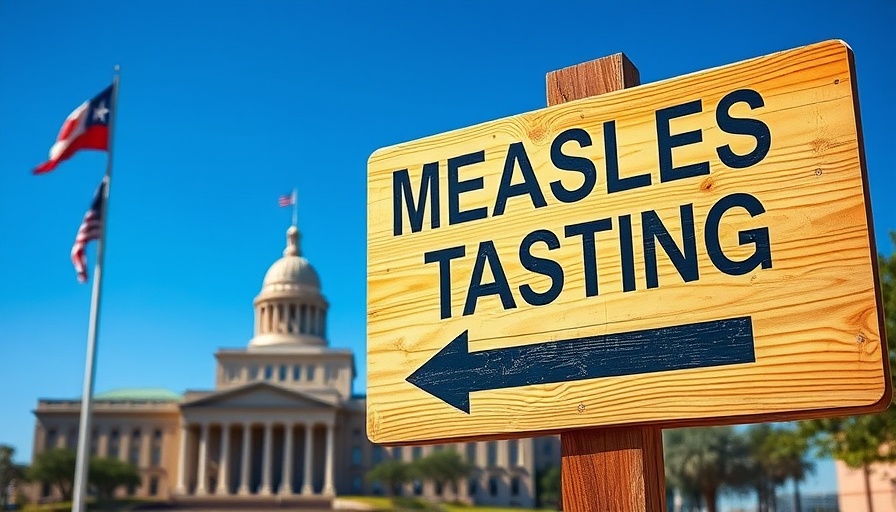 Measles testing sign with Texas flag; Vaccine Exemptions Texas.