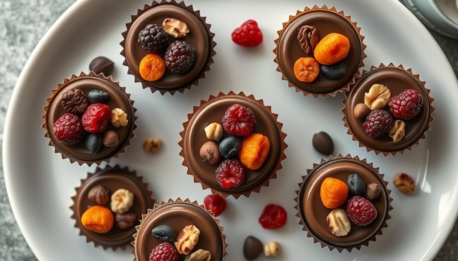 Delicious healthy chocolate cups with nuts and fruit on white plate.