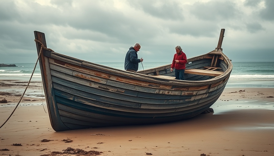 North County San Diego beach scene with worn boat and two men.