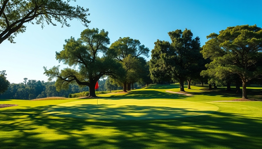 U.S. Open borrowed clubs scene on golf course putting green under sunny sky.