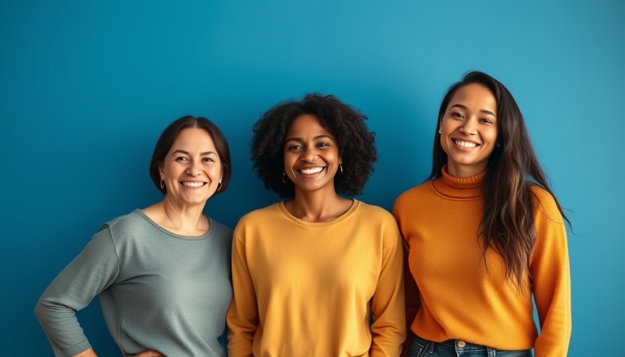 Three women standing together indoors, smiling, against a blue wall.