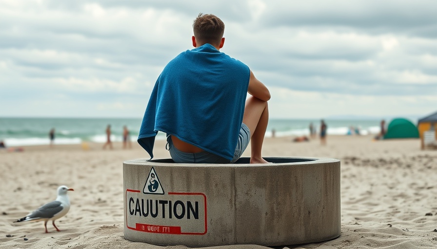 Beachgoer at North County San Diego beach on a cloudy day near fire pit.