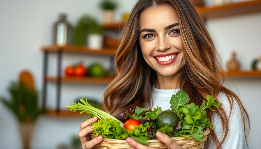 Smiling woman holding fresh salad, promoting high volume low calorie recipes.