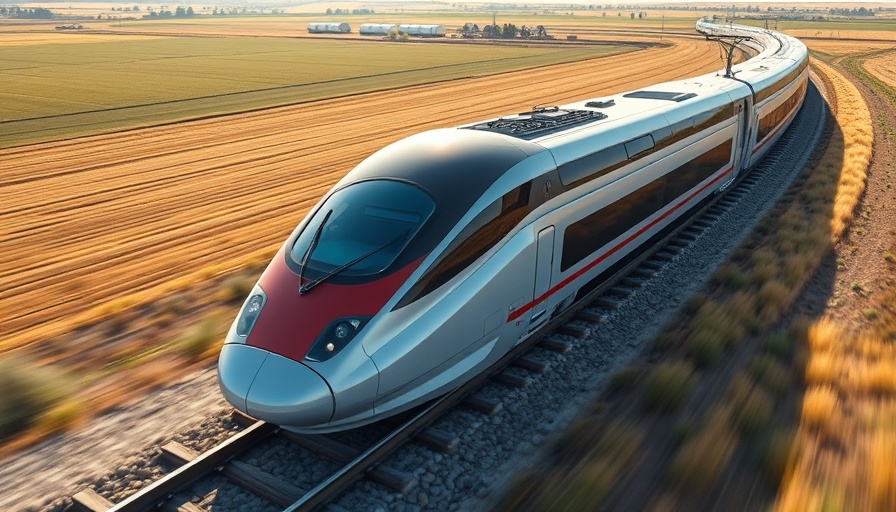 Sleek high-speed train traveling through California fields, photorealistic.