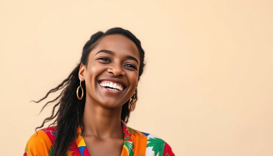 Smiling woman discussing epigenetics and health, vibrant attire, joyful mood.