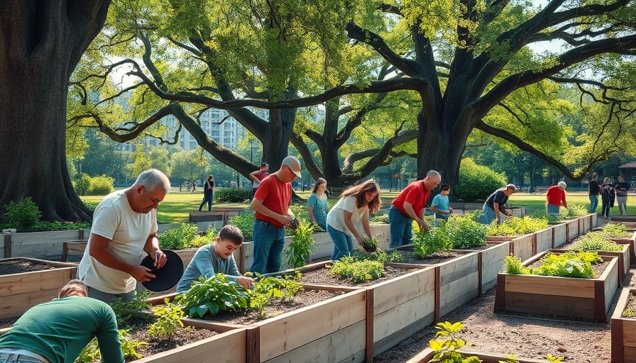 People gardening in outdoor living spaces with raised wooden beds.
