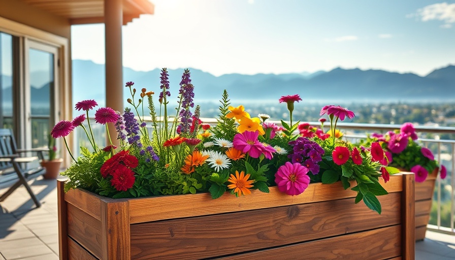 Patio gardening with colorful flowers in a wooden planter on a sunny patio.