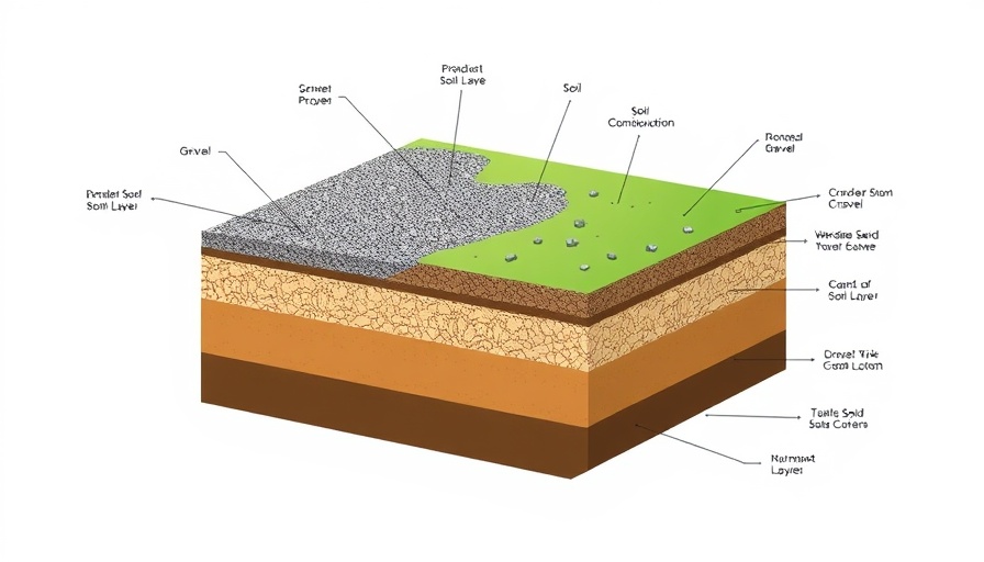 Illustration of soil layers with gravel, site prep for outdoor living spaces.