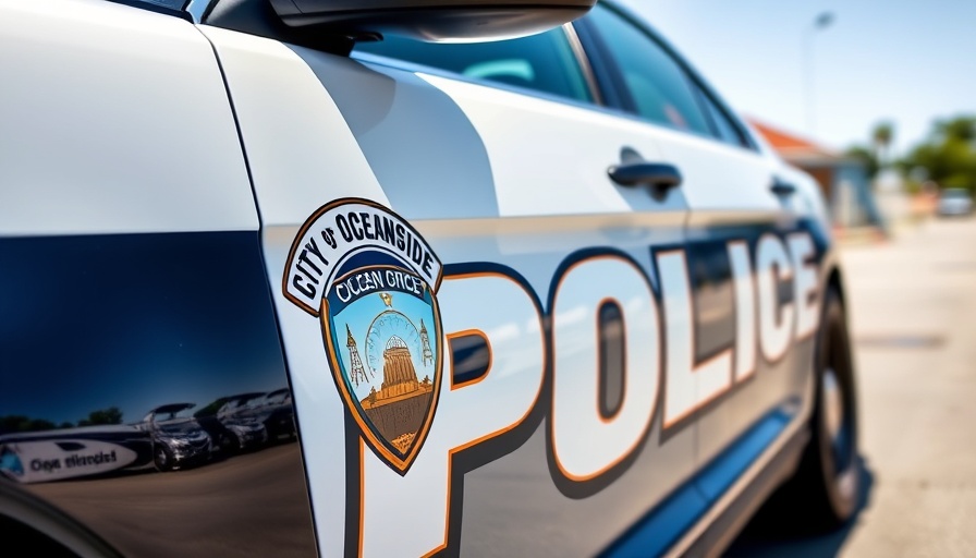 City of Oceanside Police vehicle, close-up on logo, sunny day