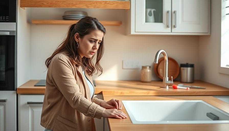 Frustrated woman fixing plumbing under kitchen sink.