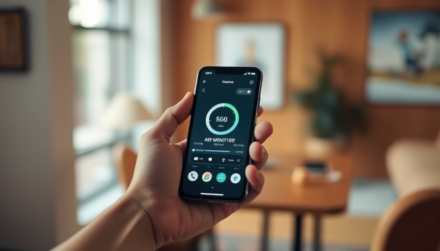 Focused air monitor app on smartphone improving indoor air quality.