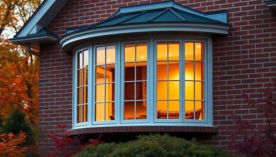 Contemporary bay window installation with autumn backdrop on brick house