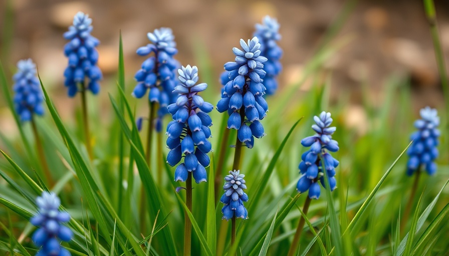 Vibrant blue grape hyacinths in a meadow, seasonal flowers for celebrations