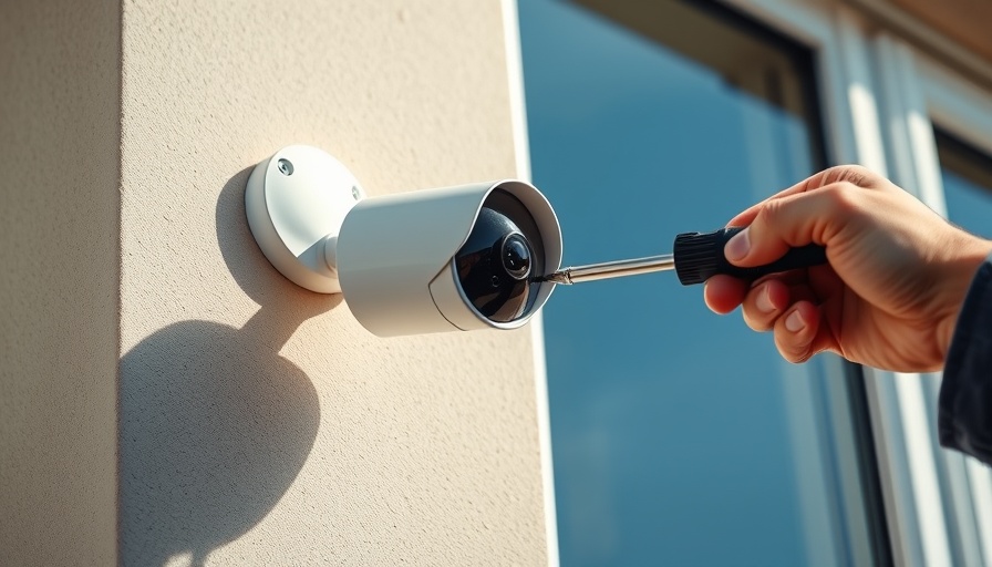 Installing a security camera on a home's exterior wall.