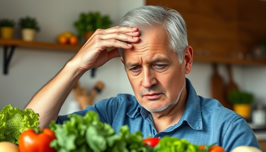 Older man in kitchen wiping forehead, surrounded by vegetables.