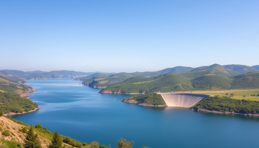 Serene reservoir and dam in San Diego algae bloom water management.