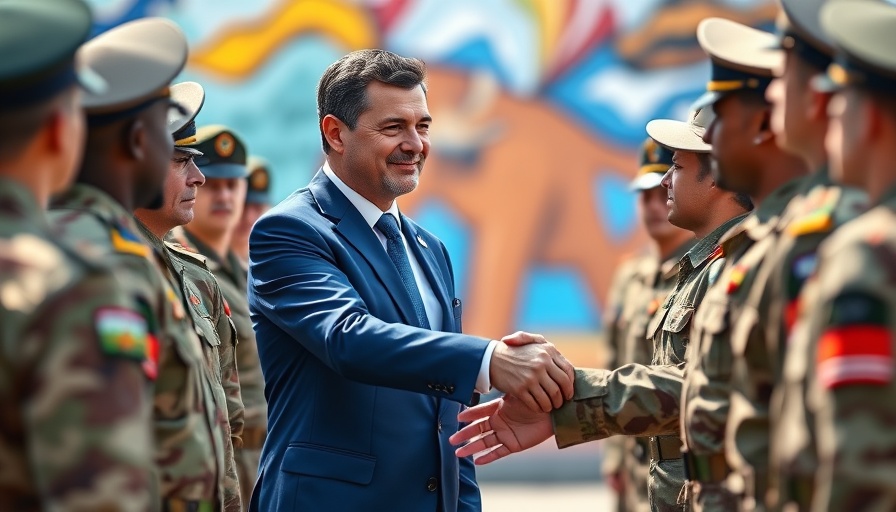 Authoritative figure interacts with military troops outdoors.
