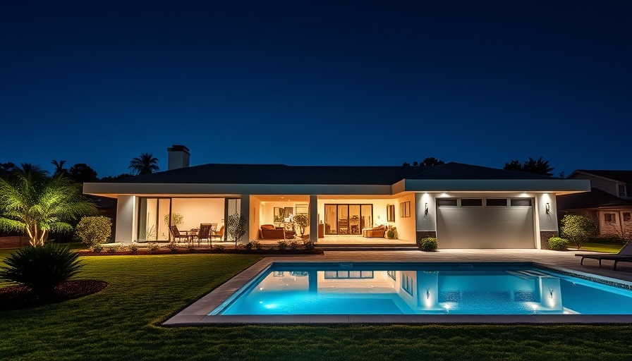 Nighttime view of a modern single-story home with pool.