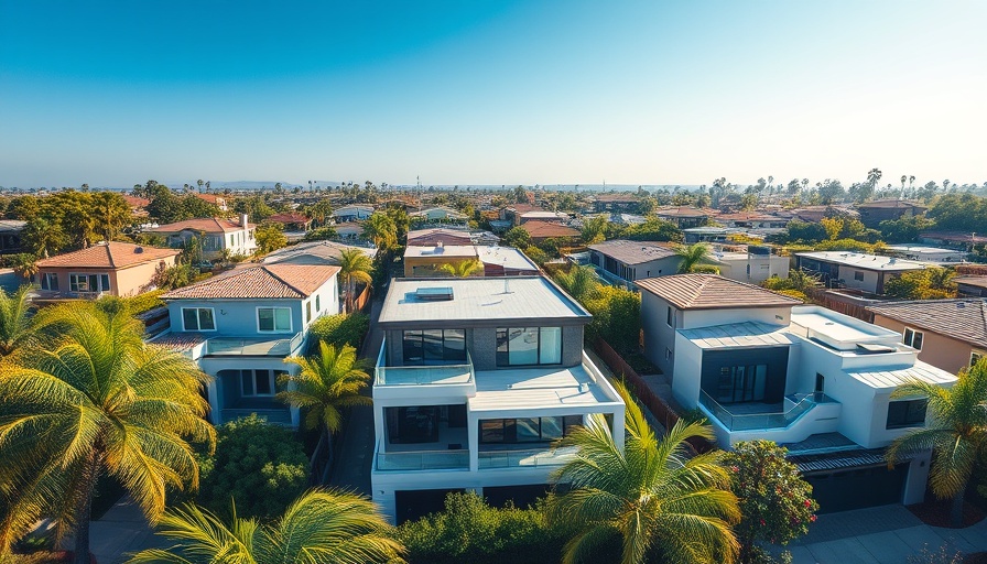 Aerial view of San Diego real estate with modern homes and greenery.