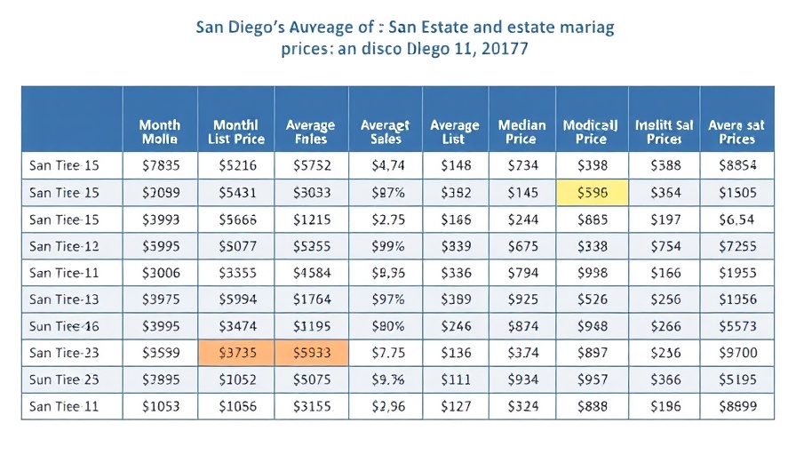 San Diego real estate prices table by month.