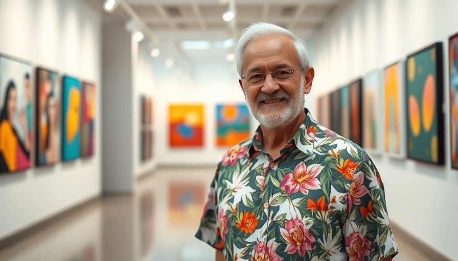Art gallery in San Diego with man by Pride Month painting.