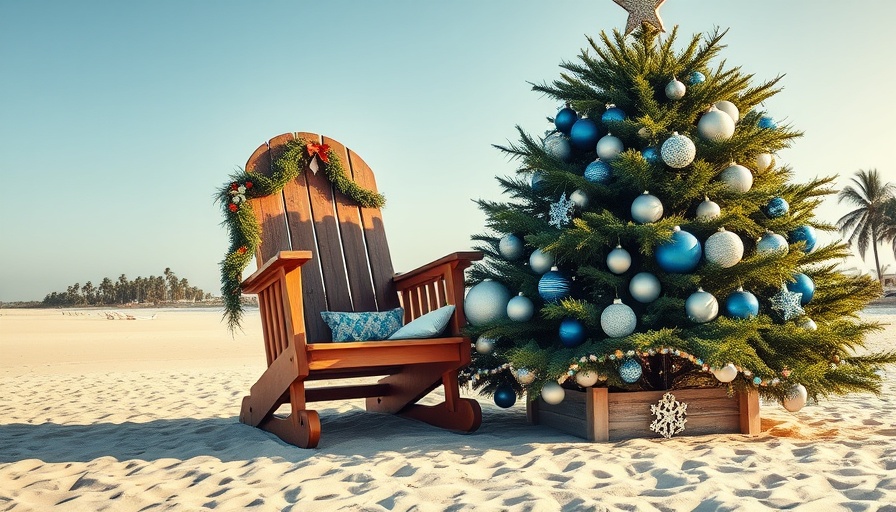 Holiday beach scene in San Diego with a decorated tree.