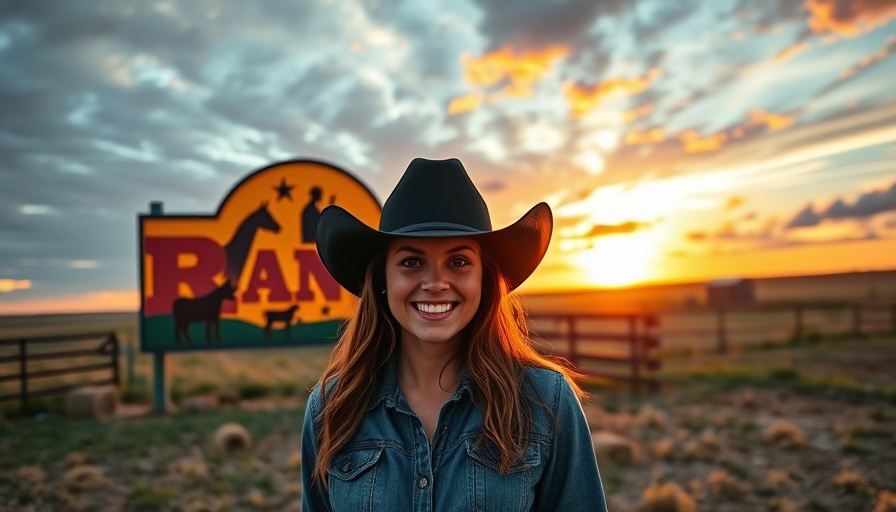 Black-owned ranch owner in San Diego smiling by a colorful ranch sign.