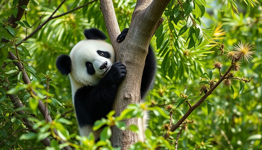 Playful giant panda climbing a tree, lush foliage, San Diego Zoo.