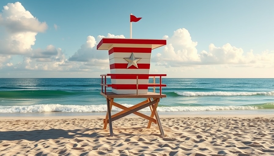 Whimsical star-striped lifeguard tower on a San Diego beach, highlighting fun activities.