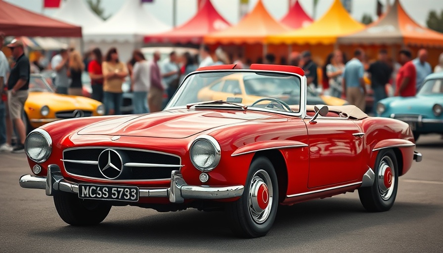 Classic red Mercedes at San Diego car show April 2023.