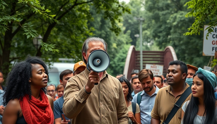 Gary Fields life of activism: Diverse protest with speaker and flags outdoors.