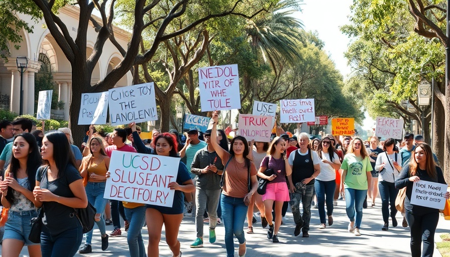 Student protest at UCSD with activists holding signs.