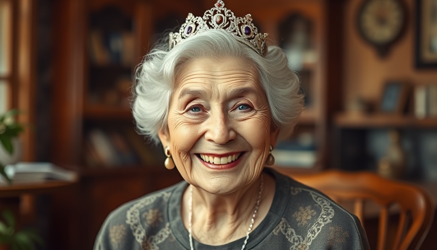 Clare F. Klinge, elderly woman smiling with tiara in warm room