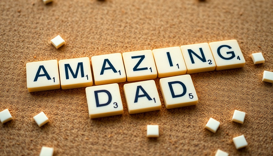Inspirational scrabble tiles spelling 'Amazing Dad' on corkboard, Father's Day 2025 Los Angeles.