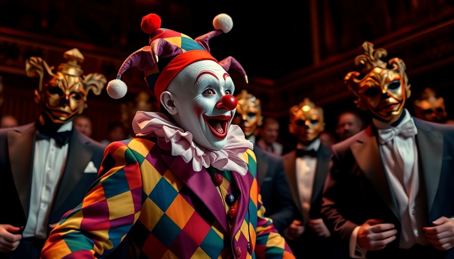 Rigoletto at LA Opera scene with dramatic clown in colorful costume performing.