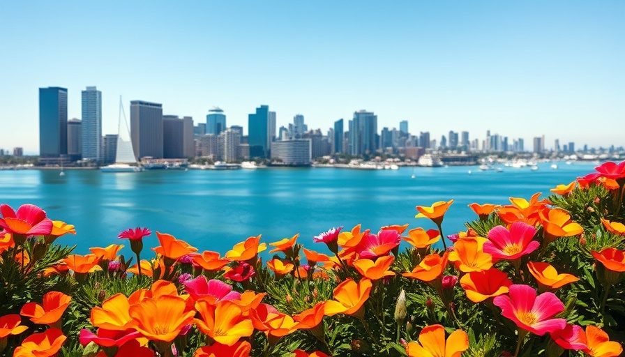 San Diego skyline with flowers, April weather.