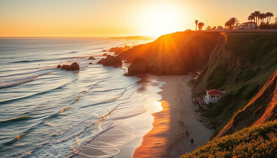 La Jolla vacation rentals near scenic coastline with beachgoers at sunset.