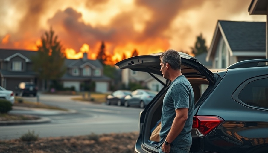 Preparing home for wildfire evacuation: worried man and packed car