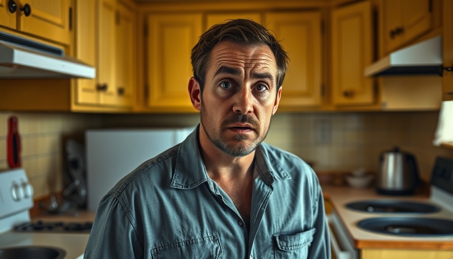 Concerned man assessing functional obsolescence in outdated kitchen.