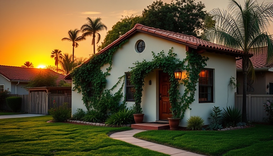 Spanish-style ADU in San Diego at sunset with lush greenery.