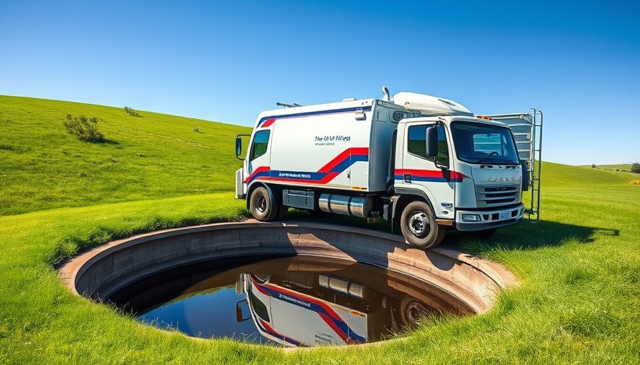 Modern plumbing truck servicing septic tank in bright green field