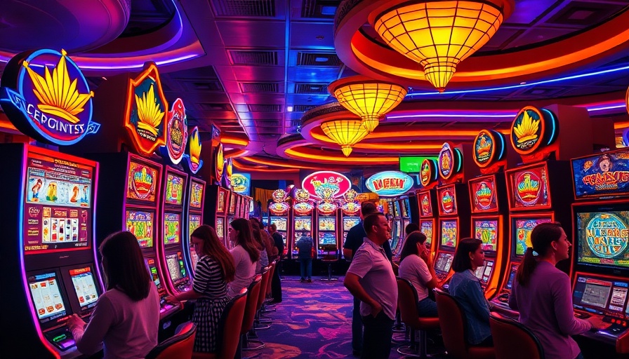 Vibrant casino scene with colorful slot machines and neon lights, slot gacor.