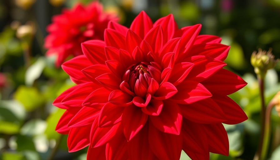 Vibrant red dahlia flower in sunlight, illustrating how to plant dahlia tubers.