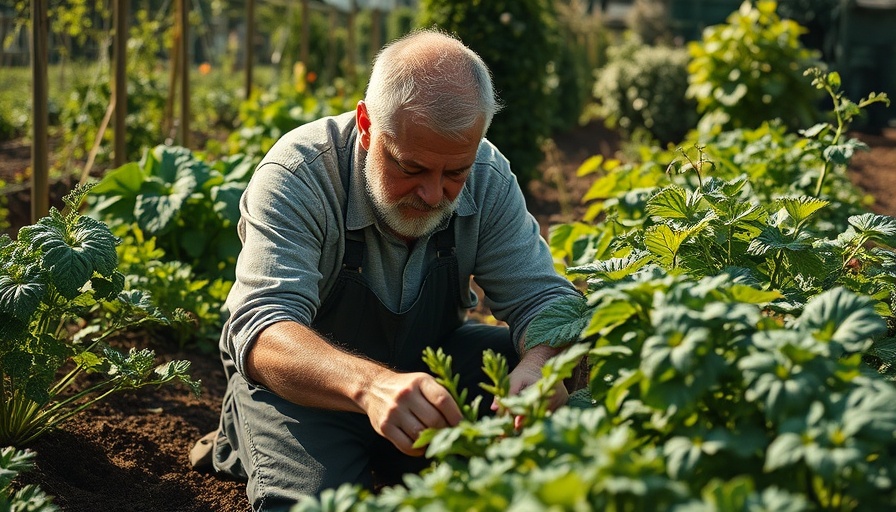 Man practicing companion planting techniques in lush garden.