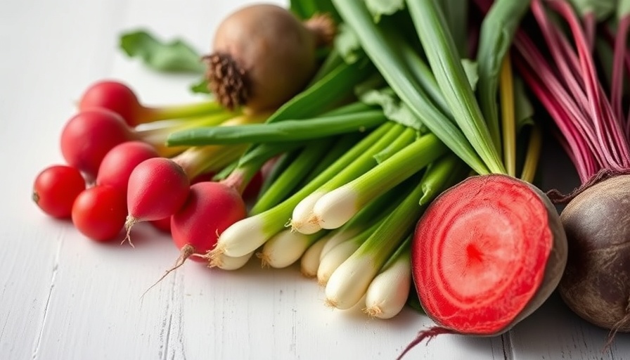 Shallow-rooted vegetables including radishes, green onions, and beets on wooden surface.