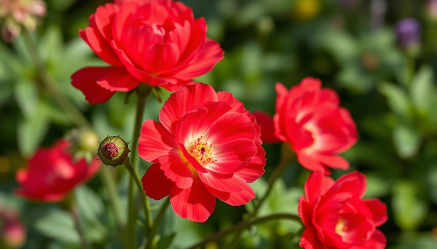 Vibrant red ranunculus flowers close-up with lush greenery.